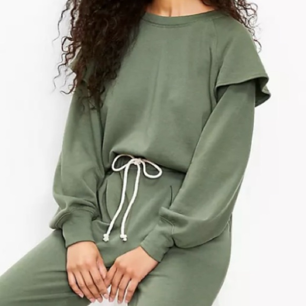 Lou & Grey Ruffle Terry Knit Sweatshirt Top Green Size XL